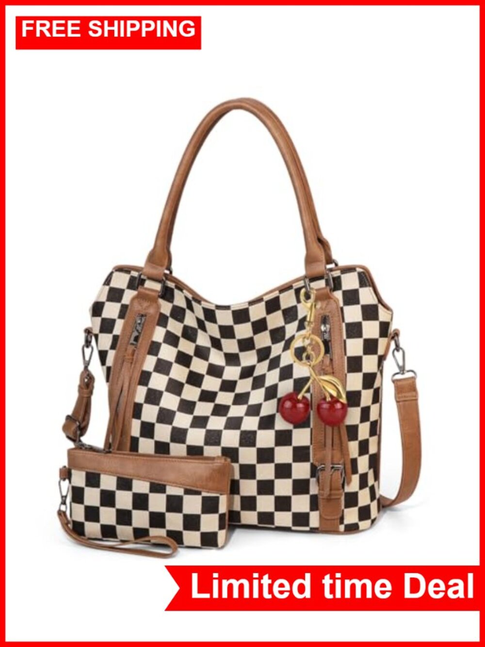 PU Leather Canvas Checkered Tote Bag Hobo Shoulder Purse Large Multi-Pocket